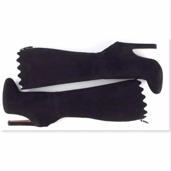 Unworn ALAIA Black Suede Leather Scalloped Top Heeled Boots 36